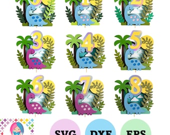 Dinosaur Birthday Cake Topper: Layered Paper Cut Files (SVG, DXF, EPS) Digital Download