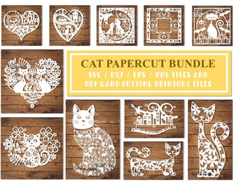May include: A selection of white papercut designs showcasing cats, hearts, and floral patterns. The designs include the text "CAT LOVER" and "HOME IS WHERE YOUR CAT IS". The image also includes the text "CAT PAPERCUT BUNDLE".
