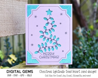 May include: A lilac Christmas card with a turquoise glitter border and a Christmas tree made of turquoise lightbulbs. The card has the text "MERRY CHRISTMAS!" and snowflake accents. The card is a design for cutting machines.