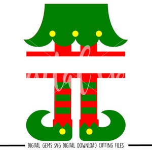 Puede incluir: Archivo de corte SVG de monograma dividido de elfo verde y rojo. El elfo tiene un sombrero verde con puntos amarillos, piernas rayadas de rojo y verde y zapatos verdes con hebillas amarillas. El archivo es para descarga digital.
