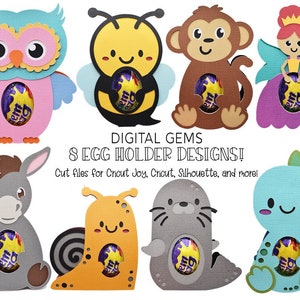 Egg holder SVG files | Owl, Bee, Monkey, Fairy, Donkey, Snail, Seal and Dinosaur. Digital download. Works with Cricut Joy / Maker etc
