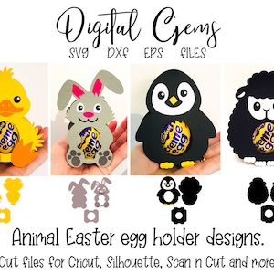 Rabbit, Lamb, Penguin and Duck egg holder designs. svg / dxf / eps files. Digital download. Works with Silhouette, Cricut, and Scan n Cut.