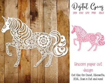 Unicorn paper cut design. svg / dxf / eps / png files and pdf / png printable templates for hand cutting. Digital download.