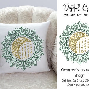 Moon and stars mandala design svg / dxf / eps / png files. Digital download. Works with Cricut, Silhouette, Scan n Cut, SCAL & more!