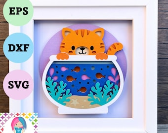 Cat looking in a fishbowl 3D Layered Paper Shadow Box Design (Digital Download)