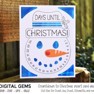 Diseño de tarjeta de inserción con muñeco de nieve y cuenta regresiva para Navidad. Archivo SVG, descarga digital, diseño de Cricut Joy, Cricut, Silhouette y Scan n Cut.