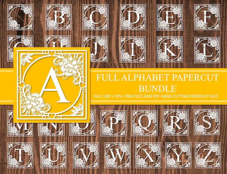 Alphabet paper cut bundle svg dxf eps png files and pdf print out templates for hand cutting Digital download.