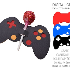 May include: A black and red game controller lollipop holder with a red and yellow lollipop. The holder is designed to look like a video game controller. The text "DIGITAL GEMS SVG-DXF-EPS-FILES" is at the top of the image. The text "GAME CONTROLLER LOLLIPOP DESIGN! Cut files for Cricut Joy, Cricut, Silhouette, and more!" is at the bottom of the image.