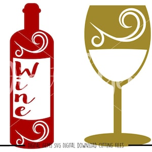 Wine bottle and glass svg / dxf / eps / png files. Digital download. Small commercial use ok.