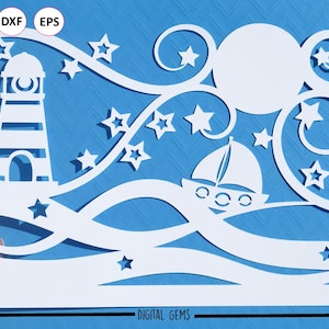 Ocean paper cut SVG / DXF / EPS files and a printable template for hand cutting. Digital download. Commercial use ok