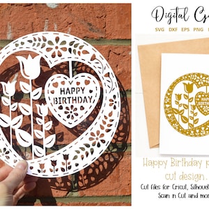 Happy Birthday paper cut design. svg / dxf / eps / png files and pdf / png printable templates for hand cutting. Digital download.