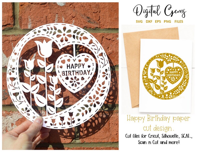 Puede incluir: Un dise&ntilde;o de corte de papel blanco en forma de coraz&oacute;n con el texto "Happy Birthday" en su interior, rodeado de flores y hojas. El dise&ntilde;o tiene forma de c&iacute;rculo y es perfecto para una tarjeta de cumplea&ntilde;os o un &aacute;lbum de recortes.
