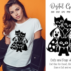 May include: Digital download of a black and white graphic design featuring a group of cats and dogs. The design includes a cat with a collar and a group of three dogs with collars. The text "Digital Gems" is at the top of the image. The text "Cats and Dogs design" is at the bottom of the image. The text "Cut files for Cricut, Silhouette, Scan n Cut and more!" is below the text "Cats and Dogs design".
