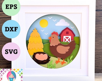Chicken Farm 3D Shadow Box: Layered Papercut Design (SVG, DXF, EPS Digital Download)