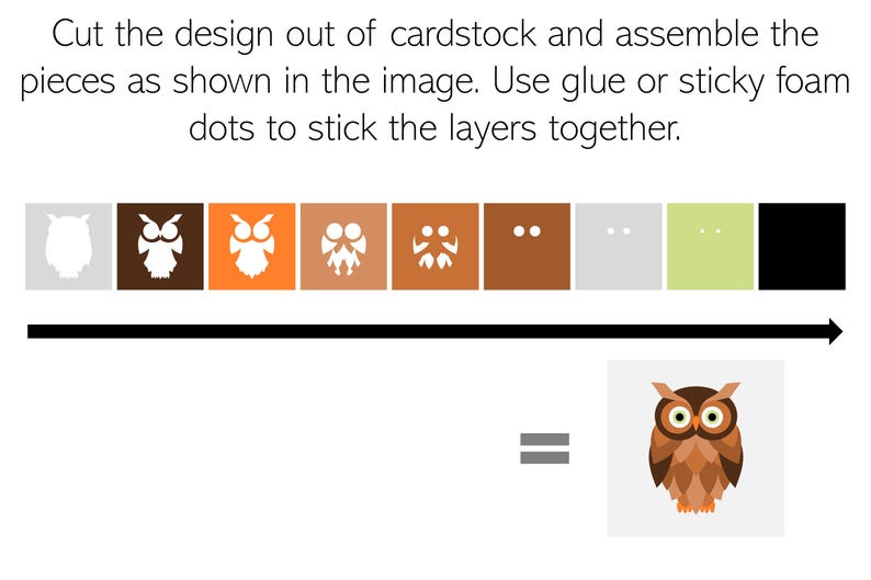 May include: A step-by-step guide to assembling a brown owl craft. The image shows the different pieces of the owl, including the body, wings, eyes, and beak, along with instructions to cut and assemble the pieces.