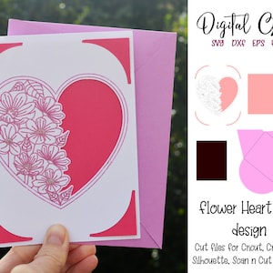 Flower heart card! svg / dxf / eps files. Digital download. Compatible with Silhouette, Cricut, Cricut Joy, SCAL, and Scan n Cut.