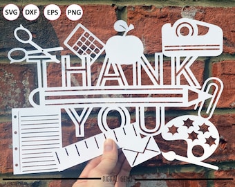 Thank you teacher paper cut svg / dxf / eps / files and pdf / png printable templates for hand cutting. Digital Download. Commercial use ok