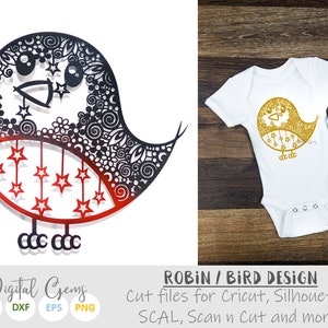Christmas Robin, Bird paper cut svg / dxf / eps / files and pdf / png printable templates for hand cutting. Digital download.