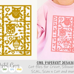 Owl paper cut svg / dxf / eps / files and pdf / png printable templates for hand cutting. Digital Download. Commercial use ok.