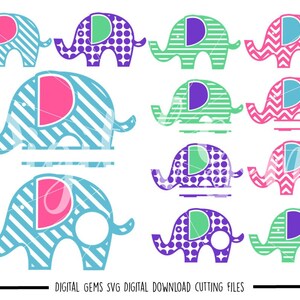 May include: A collection of colorful elephant designs in various patterns, including stripes, polka dots, and chevrons. The elephants are in shades of blue, purple, green, and pink. The text "DIGITAL GEMS SVG DIGITAL DOWNLOAD CUTTING FILES" is at the bottom.