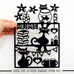 Cat paper cut svg / dxf / eps / files e modelos imprimíveis em pdf / png para corte manual. Baixar digitais. Pequeno uso comercial ok.