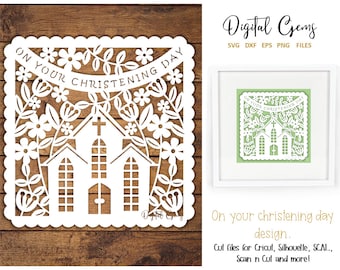 Christening paper cut design. svg / dxf / eps / png files and pdf / png printable templates for hand cutting. Digital download.