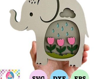Elephant Layered Papercut Shadowbox Design: Nursery Decor (SVG, DXF, EPS Files) Digital Download