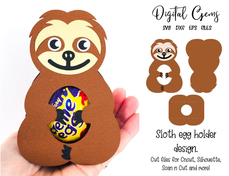May include: A brown sloth-shaped egg holder with a smiling face and a cutout to hold an egg. The design includes SVG, DXF, and EPS files. Text on the image reads "Digital Gems" and "Sloth egg holder design."