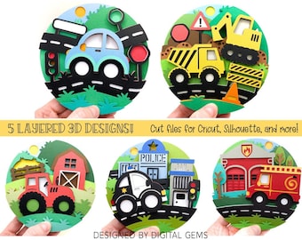 Vehicle 3D Shadow Box SVG: Car, Fire Engine, Tractor (Digital Download)