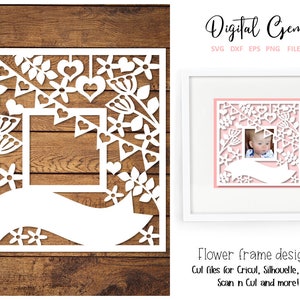 Flower frame paper cut design. svg / dxf / eps / png files and pdf / png printable templates for hand cutting. Digital download.