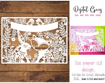 Rabbit and Fox paper cut design. svg / dxf / eps files and pdf / png printable templates for hand cutting. Digital download.