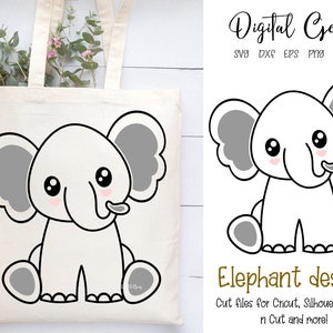 May include: A white tote bag with a cute cartoon elephant design. The elephant has gray ears and a pink nose. The bag is perfect for carrying everyday essentials.