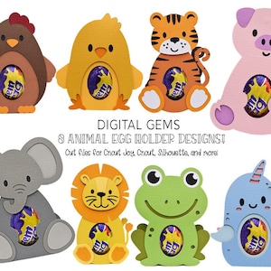 Egg holder SVG files | Narwhal, Lion, Tiger, Hen, Chick, Frog, Elephant and Pig. Digital download. Works with Cricut Joy / Explore / Maker.