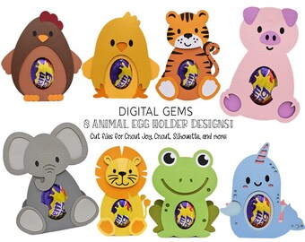 May include: Eight digital cut files for creating animal egg holders. The designs include a chick, a chicken, a tiger, a pig, an elephant, a lion, a frog, and a unicorn. The files are compatible with Cricut Joy, Cricut, Silhouette, and more.