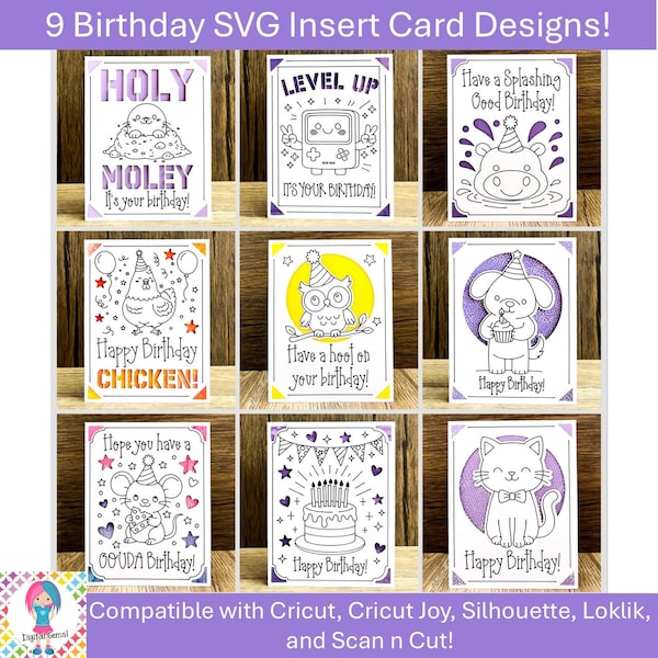 9 Birthday Insert Card SVG Bundle | Cricut Joy & Maker Card Mat Files | Pen + Cut Draw Score Files | Cute Birthday Card Designs