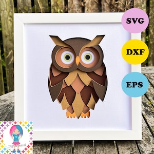 May include: A brown owl with large eyes is cut out of paper and layered to create a 3D effect. The owl is framed in a white frame and is ready to be cut out using a digital cutting machine.