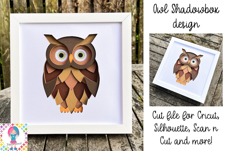 May include: A white shadow box with a brown owl cut out in layers. The owl has large, round eyes and a brown, orange, and beige color scheme. The text "Owl Shadowbox design" is above the box and "Cut file for Cricut, Silhouette, Scan n Cut and more!" is below the box.