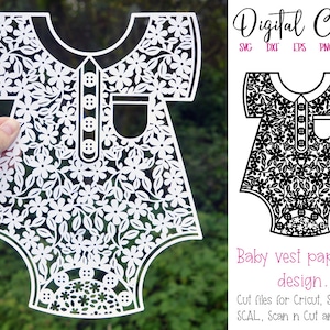 Papieren babyvestje. Svg-/dxf-/eps-/png-bestanden en afdrukbare pdf-/png-sjablonen om met de hand te snijden. Digitale download.