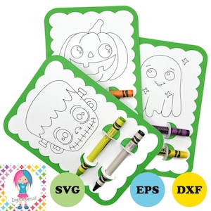Archivos SVG de tarjetas para colorear de Halloween / Monstruo de Frankenstein, calabaza y fantasma. Descarga digital. Funciona con Cricut, Silhouette, Scan n Cut