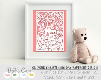 Christening paper cut svg / dxf / eps / files, and pdf / png printable templates for hand cutting. Digital Download. Commercial use ok.