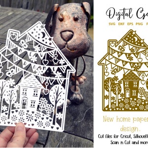 New home paper cut design. svg / dxf / eps / png files and pdf / png printable templates for hand cutting. Digital download.