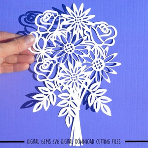 Flower bouquet paper cut svg / dxf / eps files and pdf / png printable templates for hand cutting. Digital download. image 1