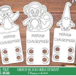 Può includere: Tre pagine da colorare di Natale stampabili con un angelo, una scimmia e un gnomo. Ogni pagina ha il testo "Buon Natale!" e tre cerchi da colorare.