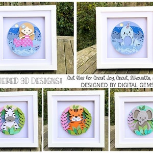 Zebra, Mermaid, Tiger, Narwhal, and Elephant 3D shadow box SVG designs | Digital download. Works with Cricut Joy / Explore / Maker and more!