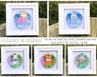 Zebra, Mermaid, Tiger, Narwhal, and Elephant 3D shadow box SVG designs | Digital download. Works with Cricut Joy / Explore / Maker and more!