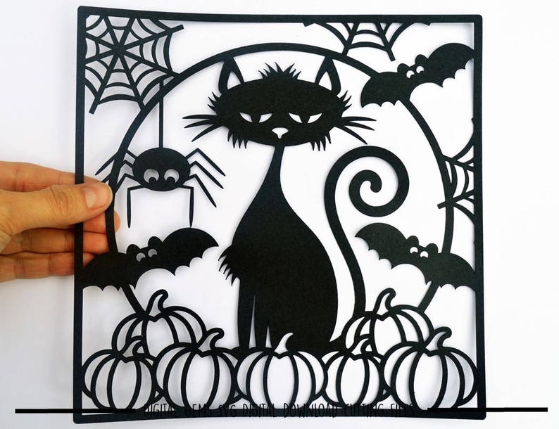 Halloween black cat paper cut svg / dxf / eps / files and pdf / png printable templates for hand cutting. Digital download. image 6