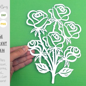 Rose flower bouquet paper cut svg / dxf / eps files and pdf / png printable templates for hand cutting. Digital download.