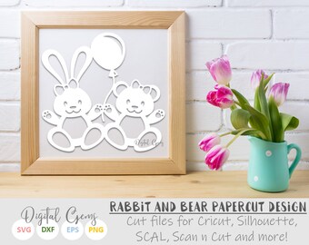 Rabbit and Bear paper cut svg / dxf / eps / files and pdf / png printable templates for hand cutting. Digital download. Commercial use ok.