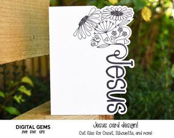 May include: Black and white digital design of the word "Jesus" with a floral design above it. The design is suitable for use with a cutting machine such as Cricut or Silhouette.