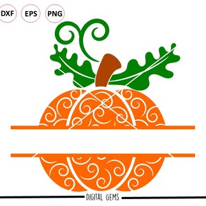 Puede incluir: Calabaza naranja con un diseño de espiral y hojas verdes. La calabaza está dividida en dos horizontalmente con un espacio en blanco en el medio para texto.
